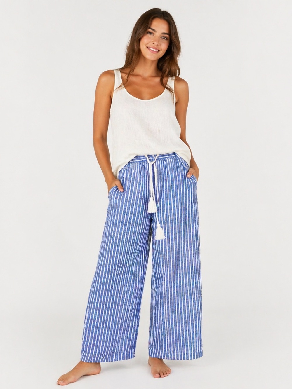Jolt | Striped Blue White Drawstring Pull On Relaxed Linen Pants